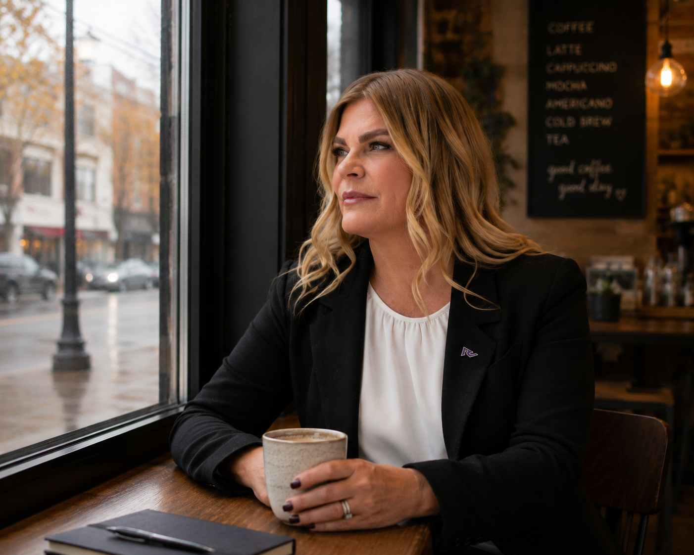 Dawn Sweany with coffee looking out a window