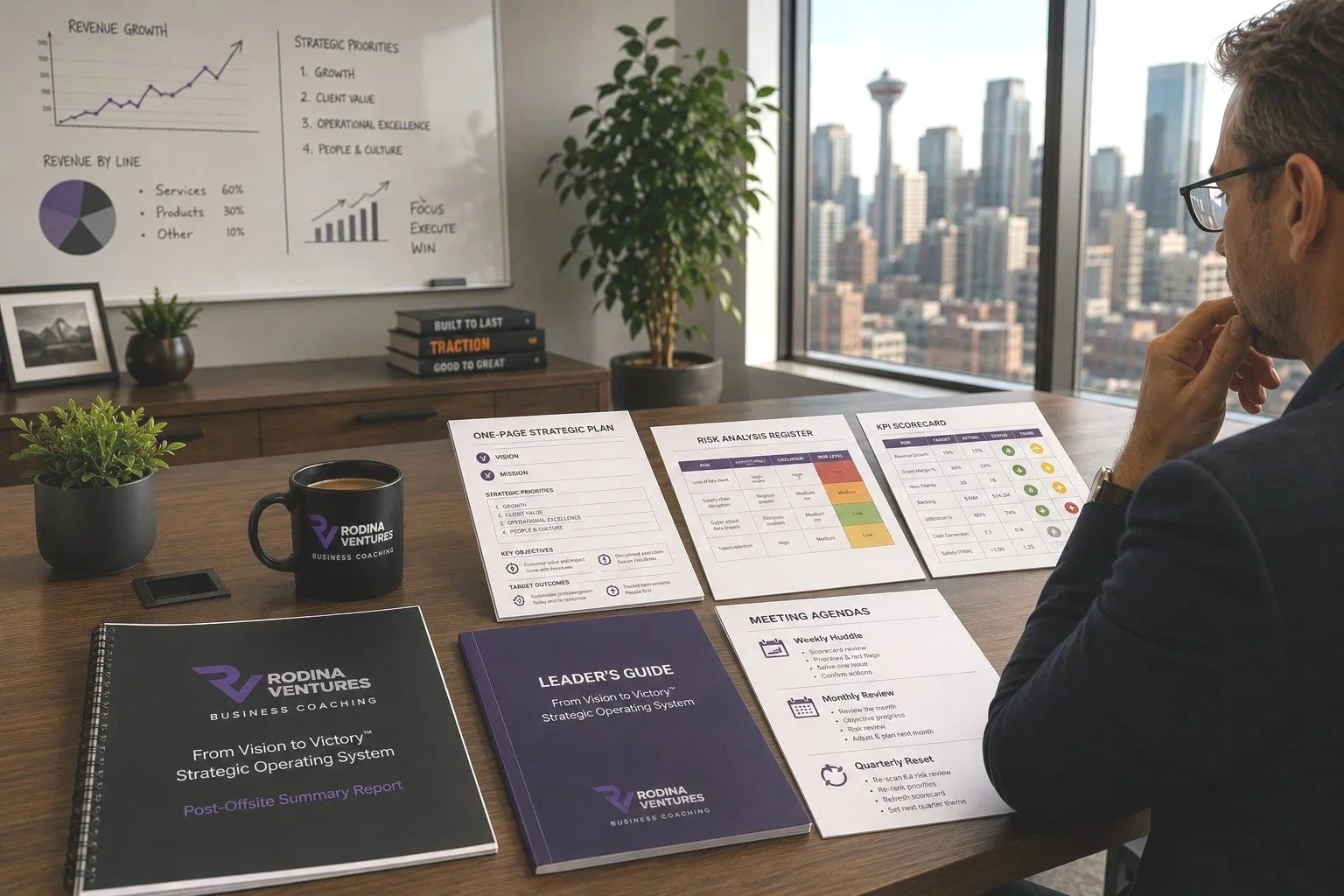 Person sitting at a desk with in front of a whiteboard, overlooking a city with all of the documents - risk plan, strategic plan, leaders guide, meeting agenda