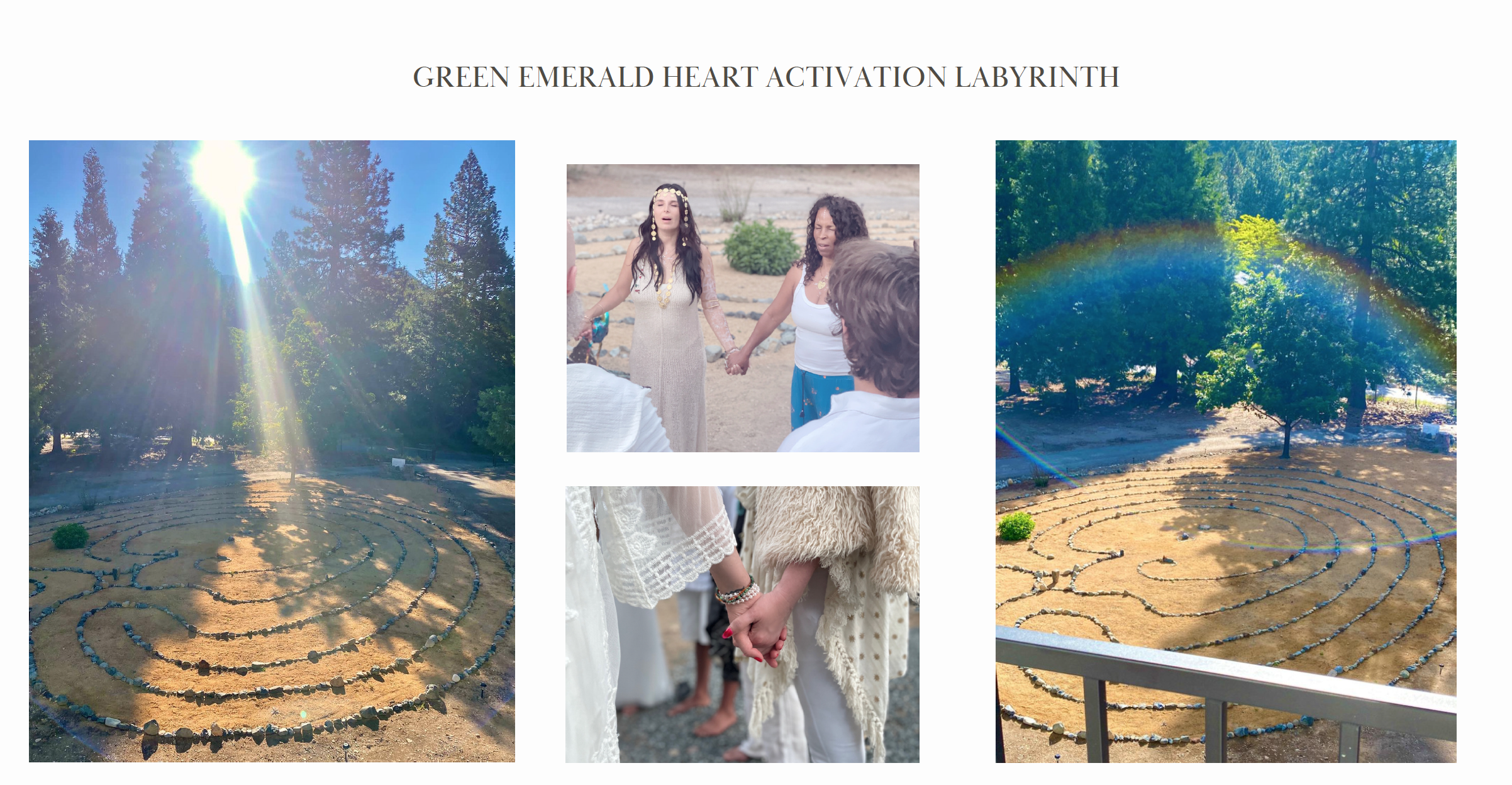 Collage of images featuring a labyrinth made of stones on the ground, people holding hands during a ceremony, and a rainbow effect over the labyrinth, set in a forested area under sunlight.