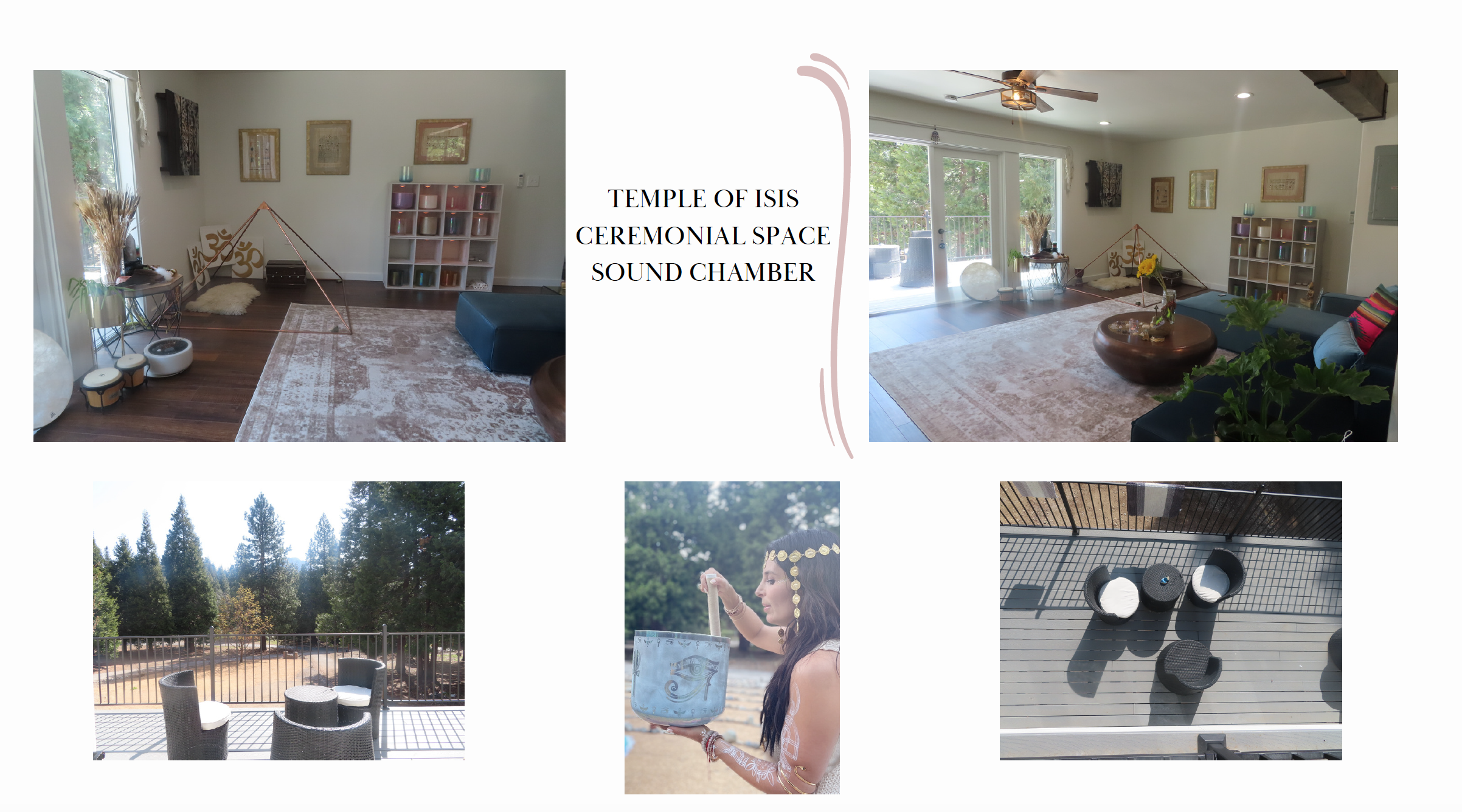 Interior of a ceremonial space with musical instruments and seating, a labeled image reads 'Temple of Isis Ceremonial Space Sound Chamber', a woman playing a drum-like instrument, and an outdoor seating area surrounded by trees.