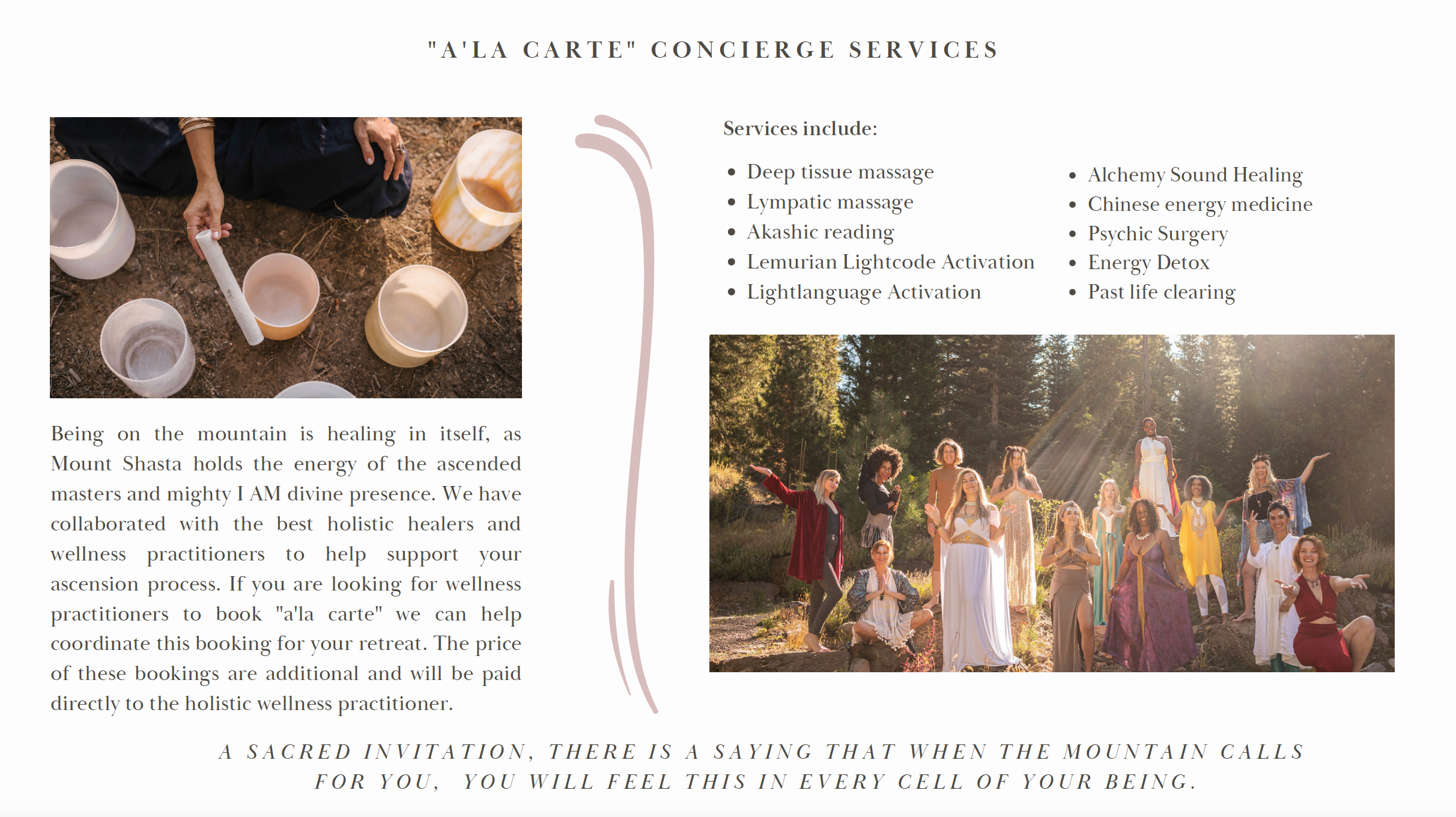 Flyer for "A La Carte" Concierge Services showcasing holistic healing at Mount Shasta. Includes images of people with sound healing bowls and a group posing in nature. Services listed are deep tissue massage, lymphatic massage, Akashic reading, energy medicine, among others. Text highlights the mountain's spiritual energy and collaboration with holistic practitioners.