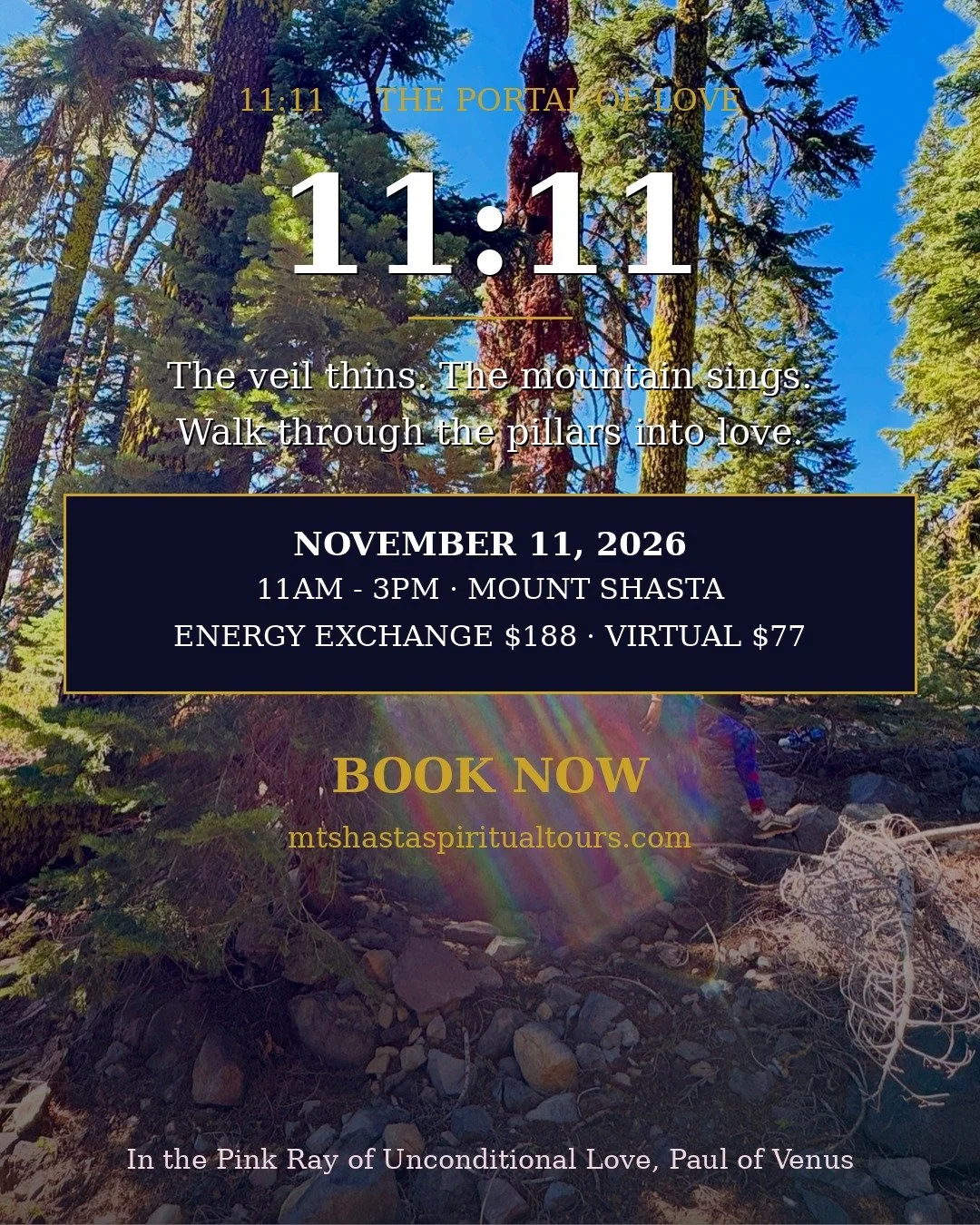 Star Family, 11:11 opens once a year.

The veil thins. The mountain sings. The frequency of love pours through and rearranges everything it touches.

We walk through the pillars into love. Our eternal hearts embrace. The Ascended Masters await our fr
