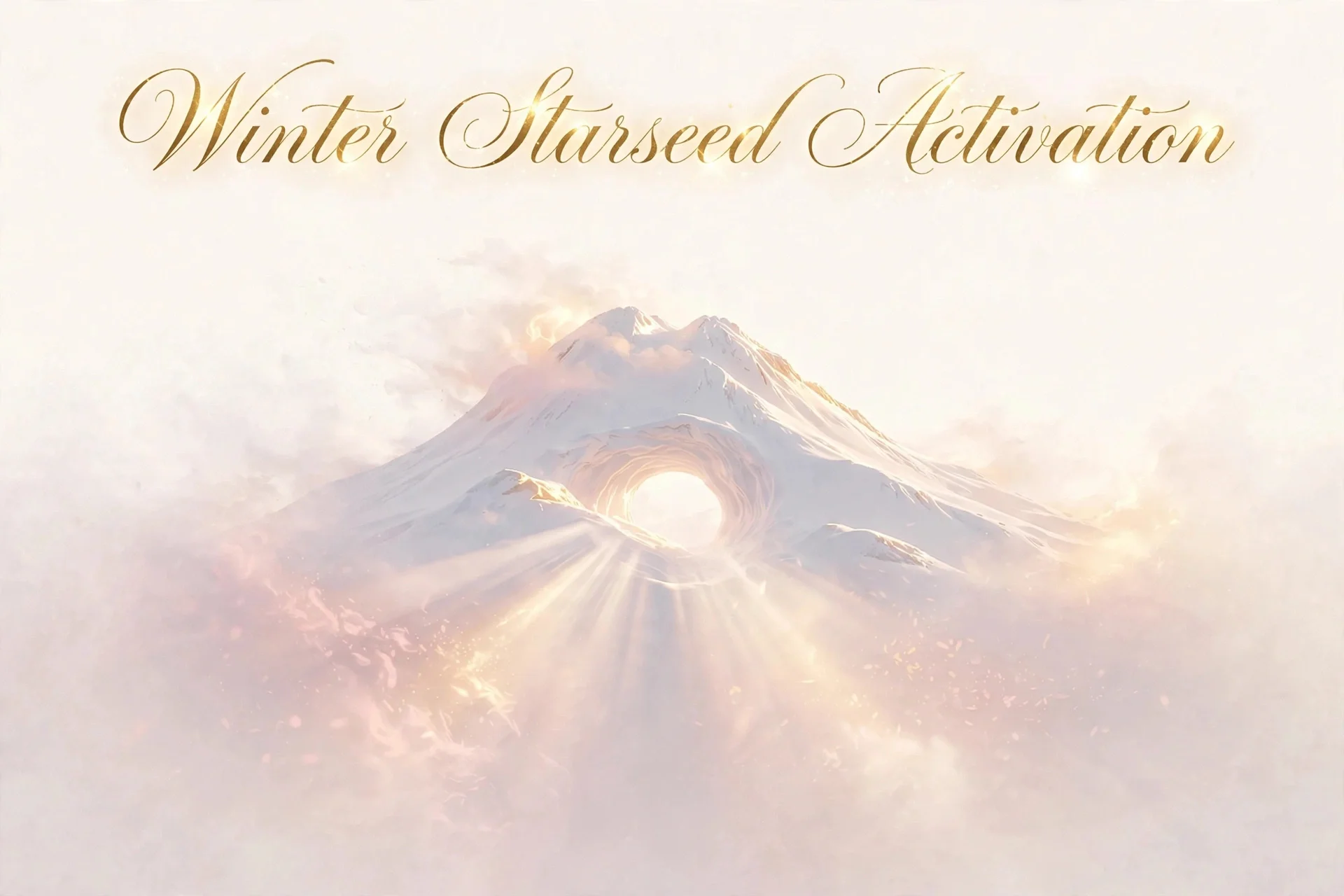 An illustration of a snow-capped mountain with light rays emanating from its base and an opening near the top, labeled 'Winter Starseed Activation' in elegant script.