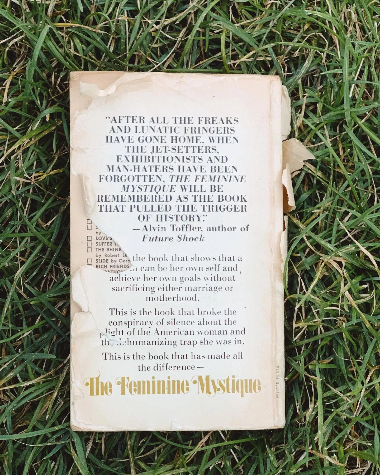 Whenever I find #booksinthewild, and I often do, I think about the person who wrote it &mdash; her character, what she was up against that ultimately made something new. It&rsquo;s usually a wave. A second-wave of feminism was the result of The Femin