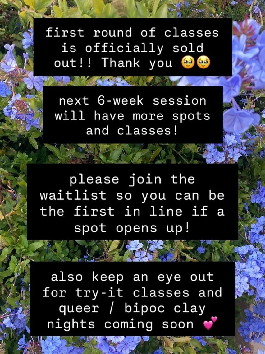 thank you all for selling out classes in a matter of HOURS yesterday 🥹🥹 we are so grateful for your support! 

join our mailing list to be the first to find out about our next class offerings to open up:

&bull; try-out the wheel classes: 2hr class