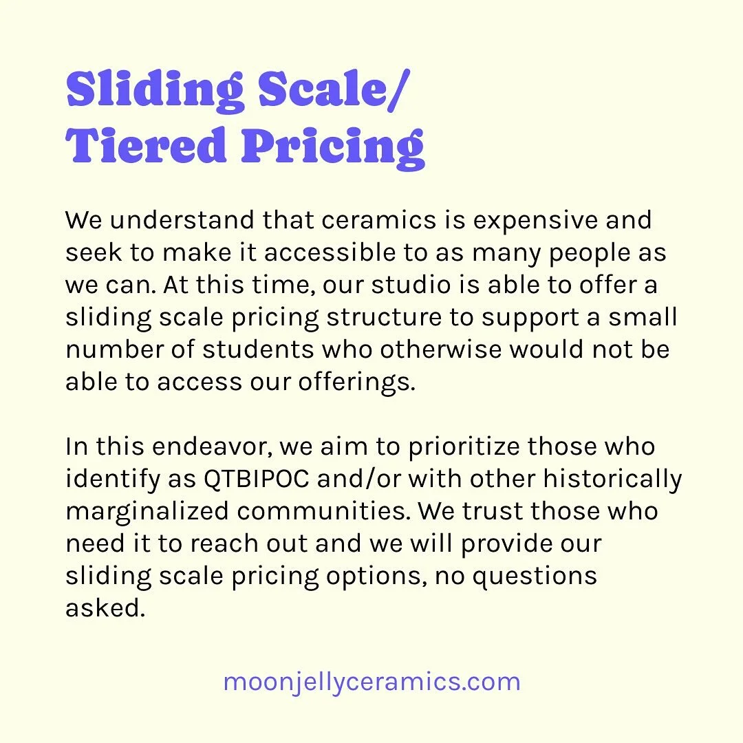 💕 excited to announce that our studio will be offering sliding scale pricing for classes! second slide has info on how to inquire 💕