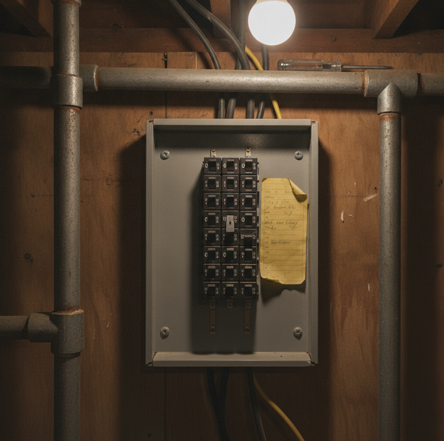 modern electrical panel with tripped circuit breaker