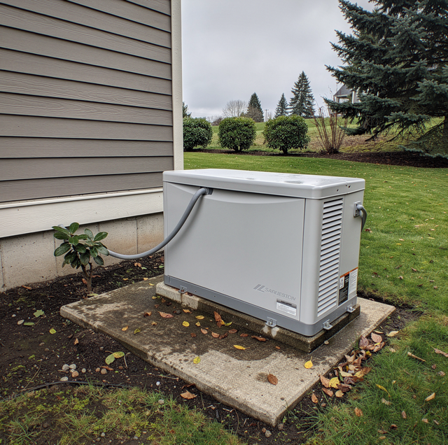 A gray generator sits on a concrete pad next to a house with horizontal siding, surrounded by a green lawn and evergreen tree