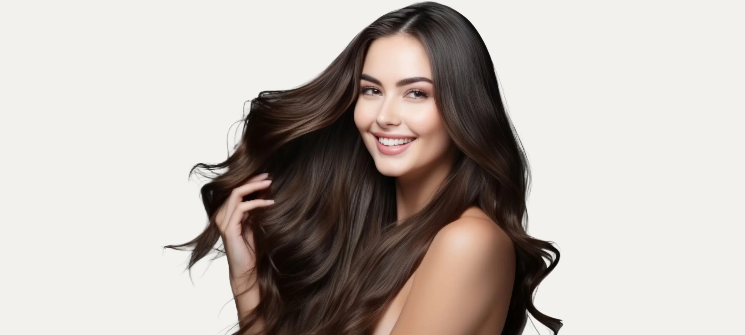Keratin Hair Treatment: A woman with long, flowing brown hair, smiling and playfully touching her hair, against a plain light background.