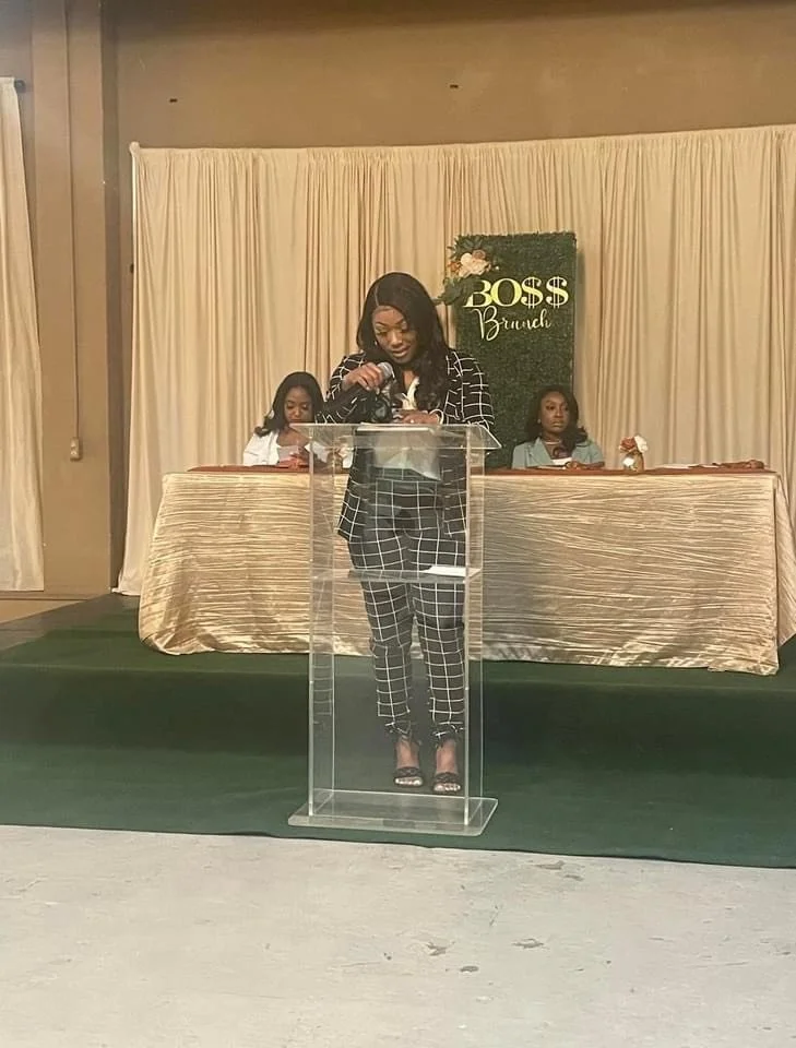 Keyshuna Cole attends Boss Brunch empowerment event as a guest speaker for business strategy and best practices.