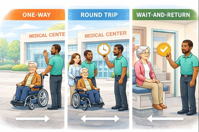 Transportation to Doctor Appointments: One-Way, Round Trip, and Wait-and-Return Explained
