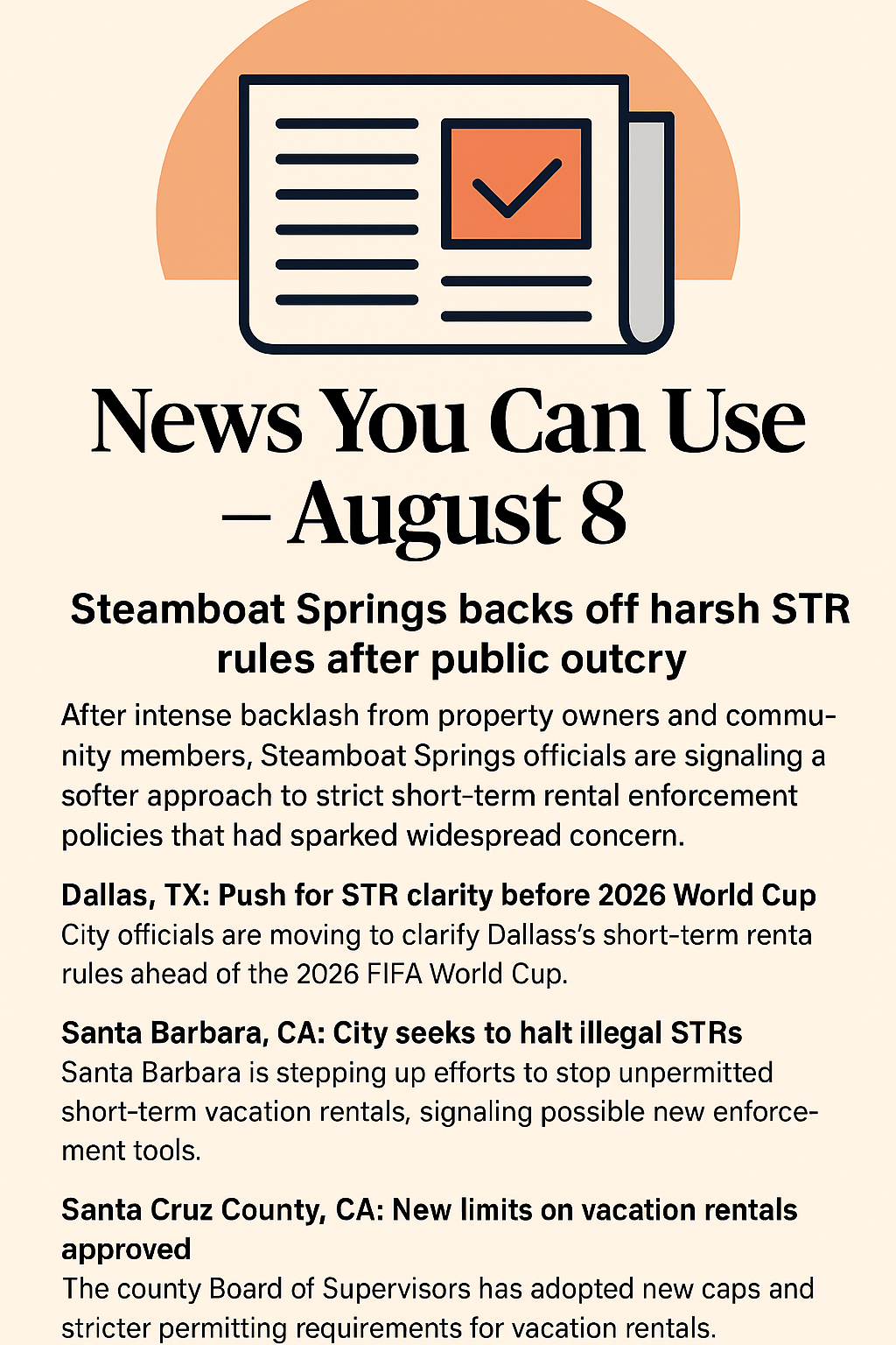 News You Can Use – August 8 – TOP STORY: Steamboat Springs Backs Off Harsh STR Rules After Public Outcry