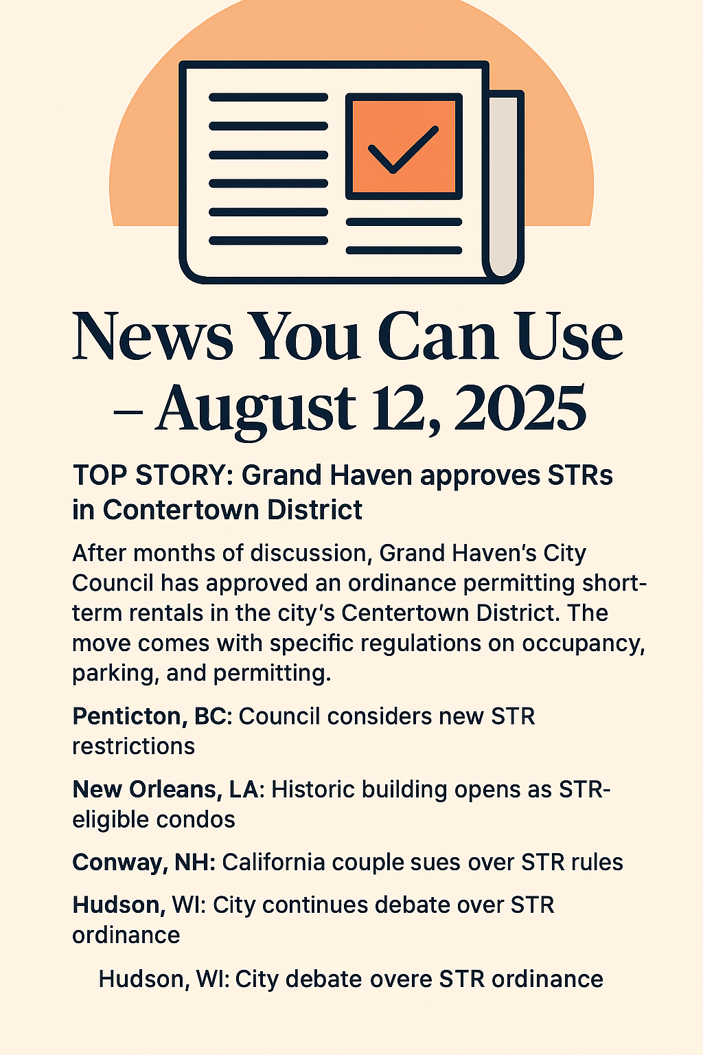 News You Can Use – August 12 – TOP STORY: Grand Haven Approves STRs in Centertown District