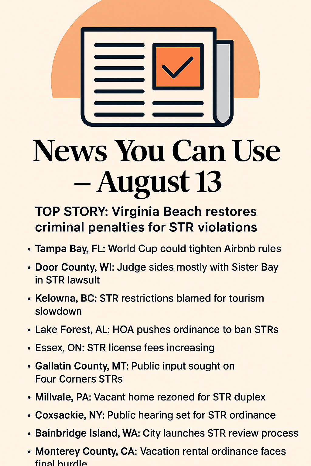 News You Can Use – August 13 – TOP STORY: Virginia Beach Restores Criminal Penalties for STR Violations