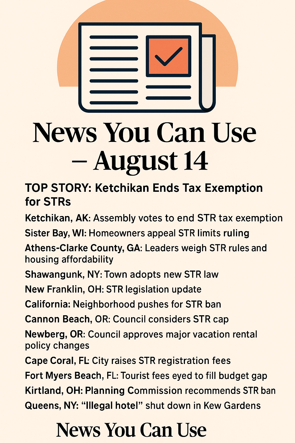 News You Can Use – August 14 – TOP STORY: Ketchikan Ends Tax Exemption for STRs