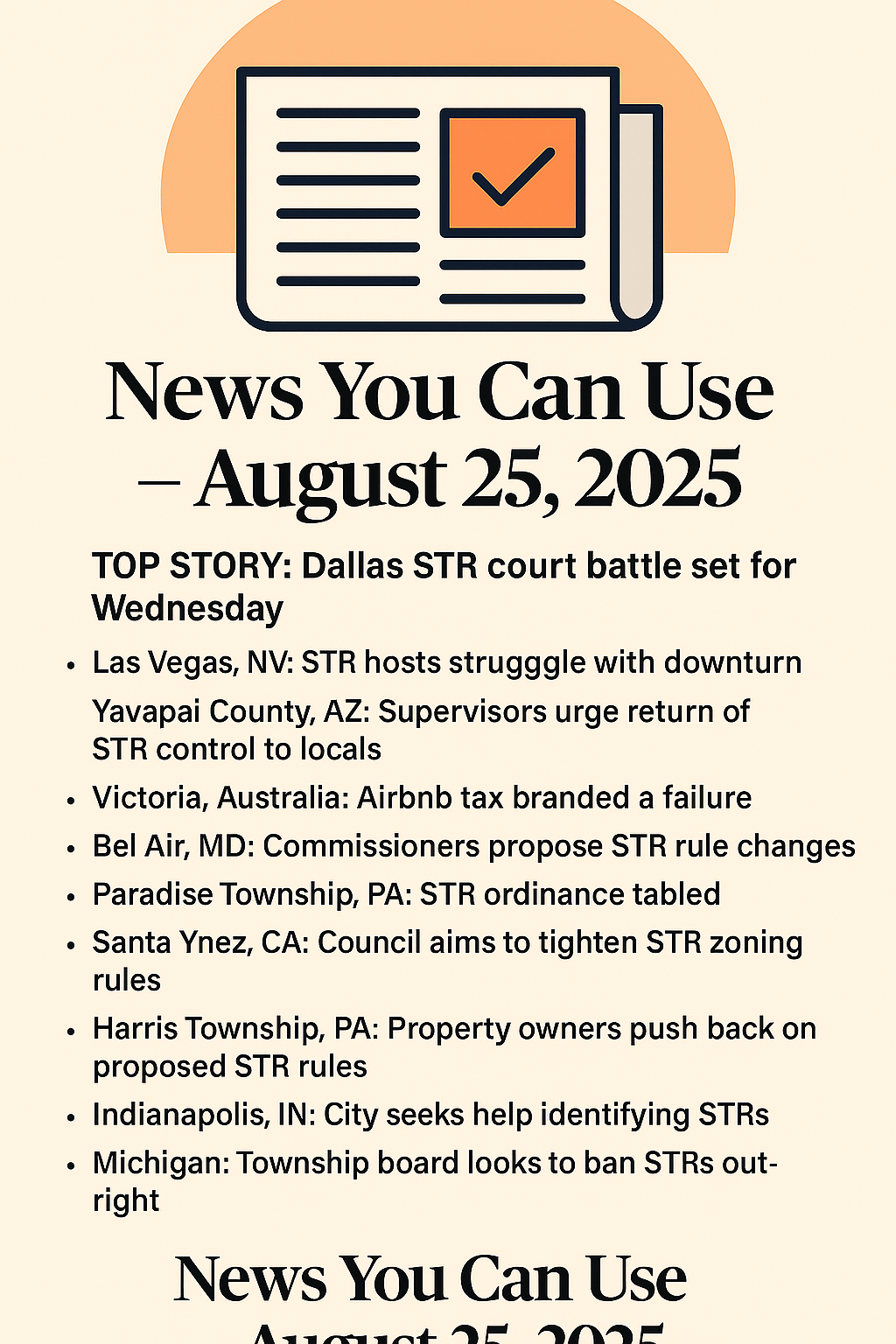 News You Can Use – August 25, 2025 – TOP STORY: Dallas STR Court Battle Set for Wednesday