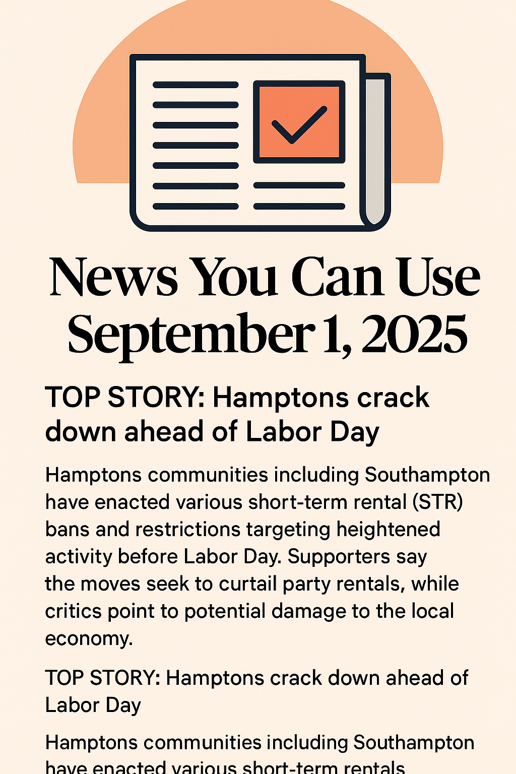 News You Can Use – September 1, 2025 – TOP STORY: Hamptons Crack Down Ahead of Labor Day
