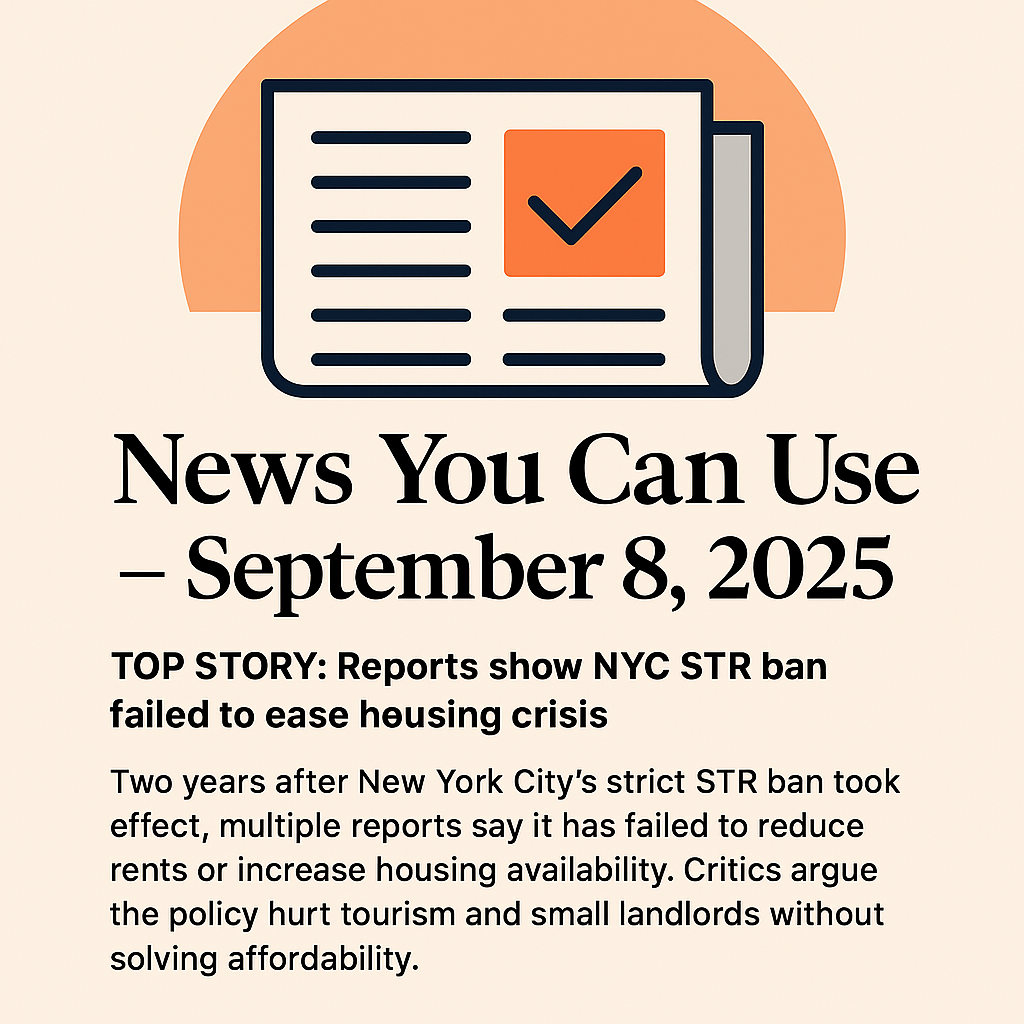 News You Can Use – September 8, 2025 – TOP STORY: Reports Show NYC STR Ban Failed to Ease Housing Crisis
