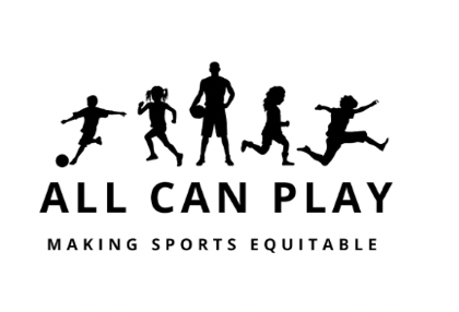 Silhouette of five people of different sizes engaging in sports activities, above the text 'ALL CAN PLAY' and 'MAKING SPORTS EQUITABLE.'