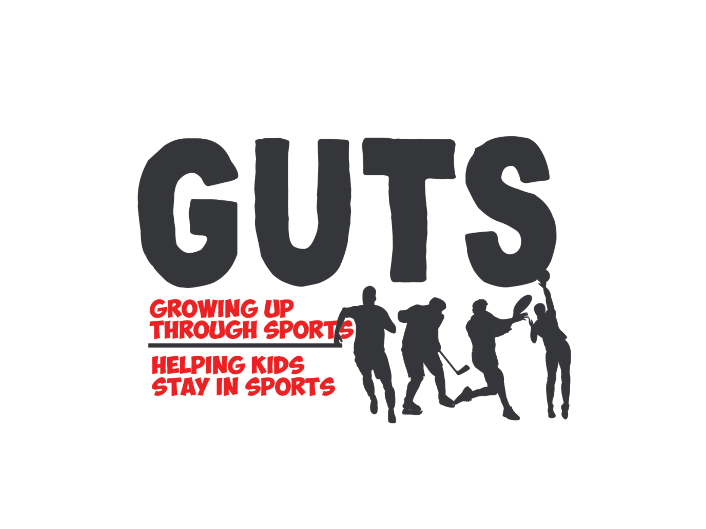GUTS logo with silhouettes of athletes and text: "Growing Up Through Sports, Helping Kids Stay in Sports."