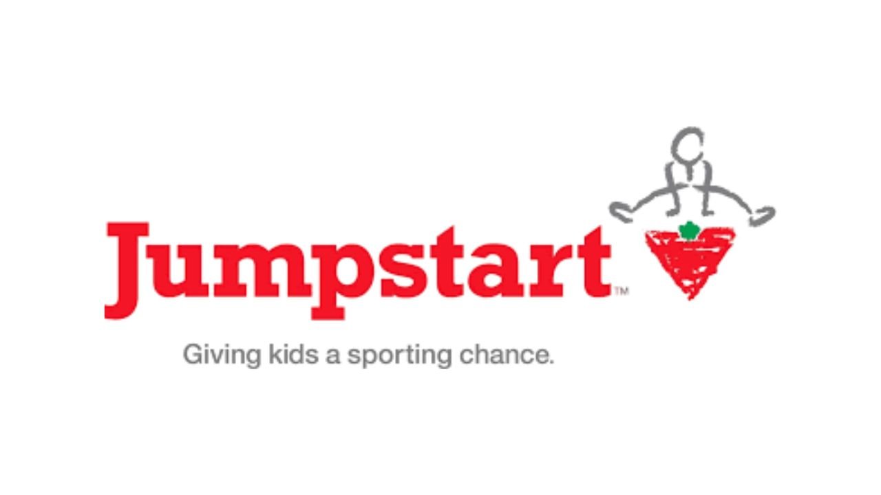 Jumpstart logo with slogan "Giving kids a sporting chance" and a stick figure jumping over a red triangle.