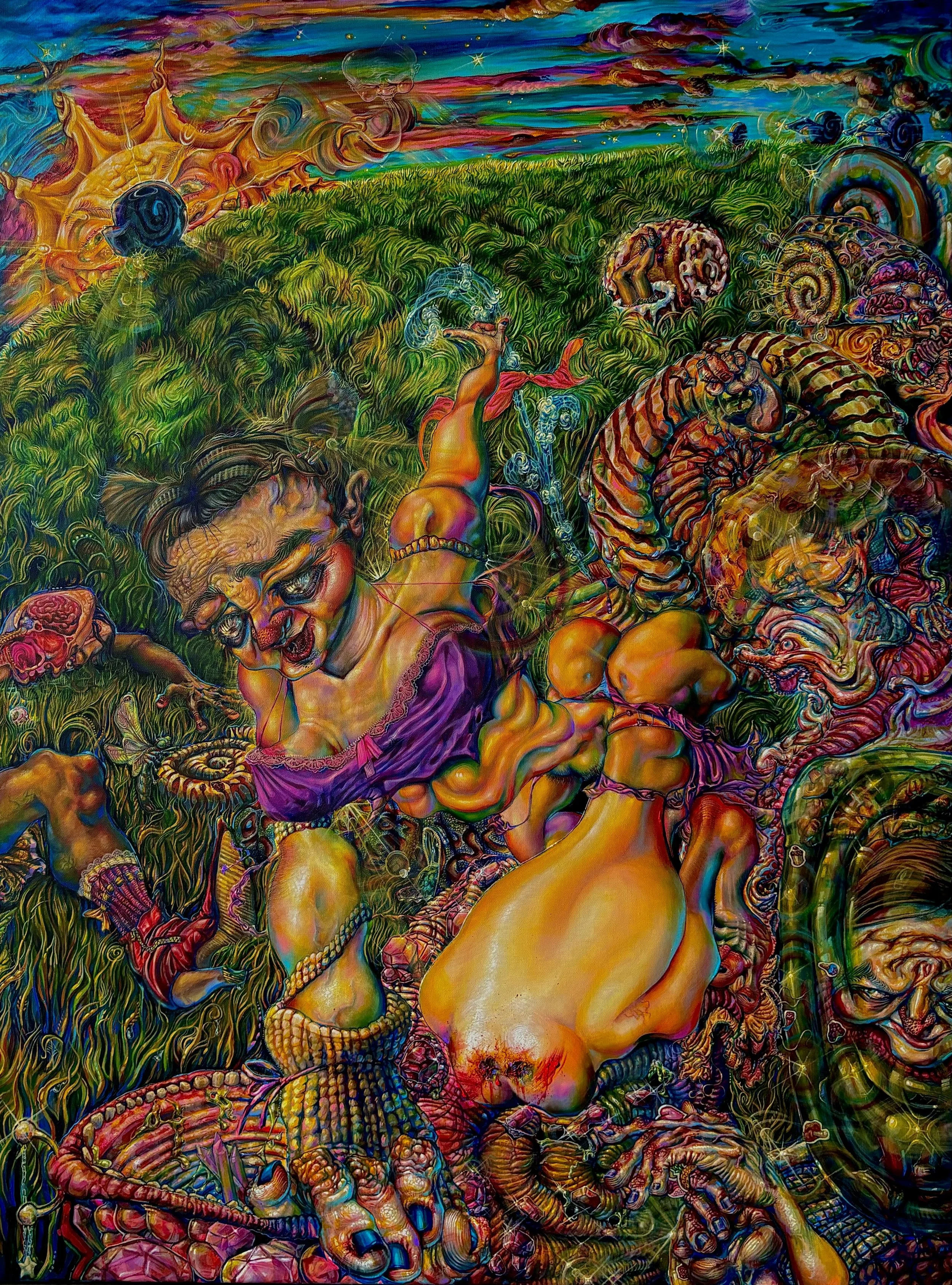 A colorful, surreal painting depicting a woman with glasses and braided hair in a field, surrounded by various abstract, distorted figures and objects, with swirling skies and vibrant colors.