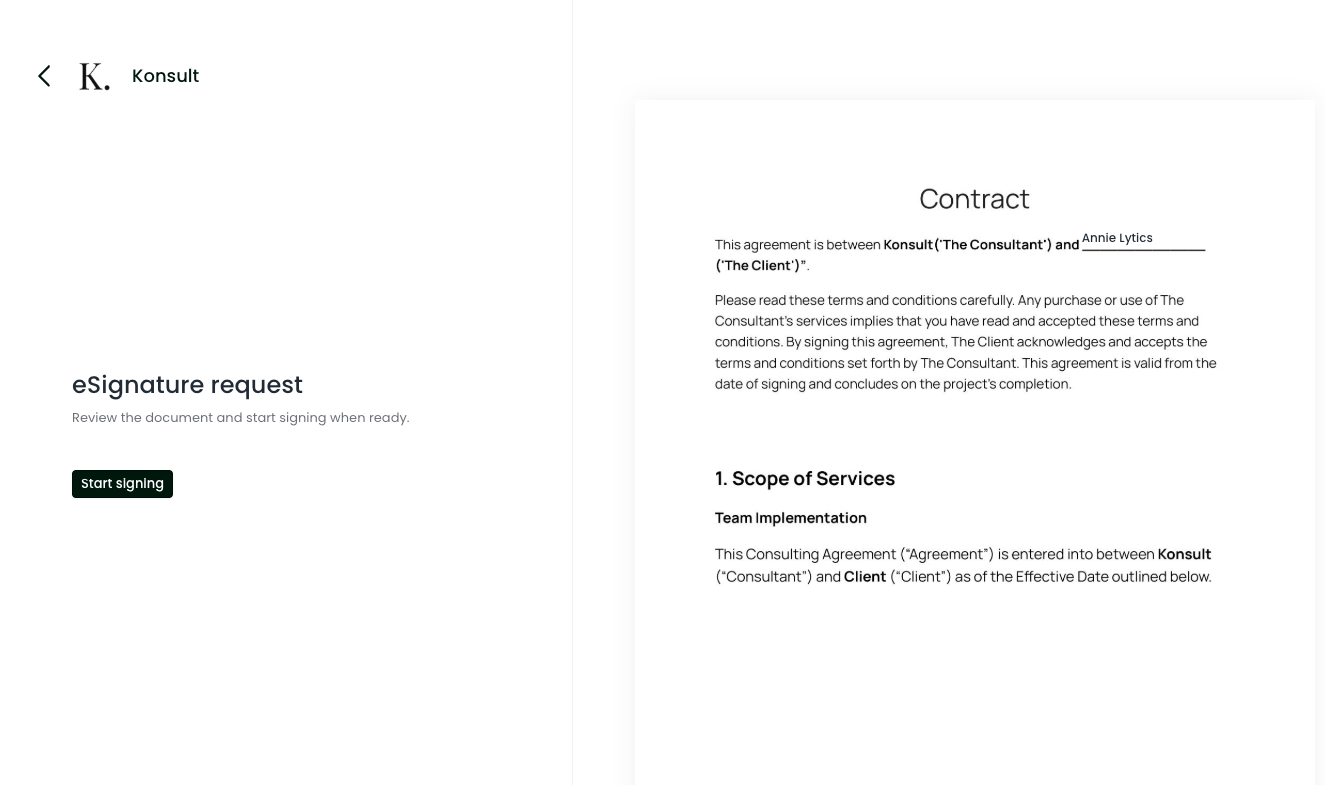Client portal eSignature request screen showing a contract preview and a “Start signing” button.
