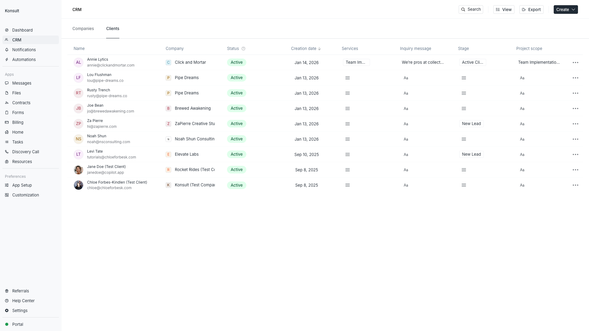 Assembly CRM clients dashboard showing a table of client names, companies, status, creation date, services, stage, and project scope.