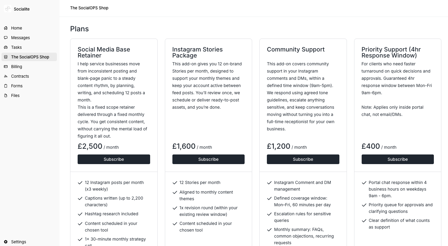Assembly portal store page showing plan cards with prices and Subscribe buttons, including a Social Media Base Retainer plan.