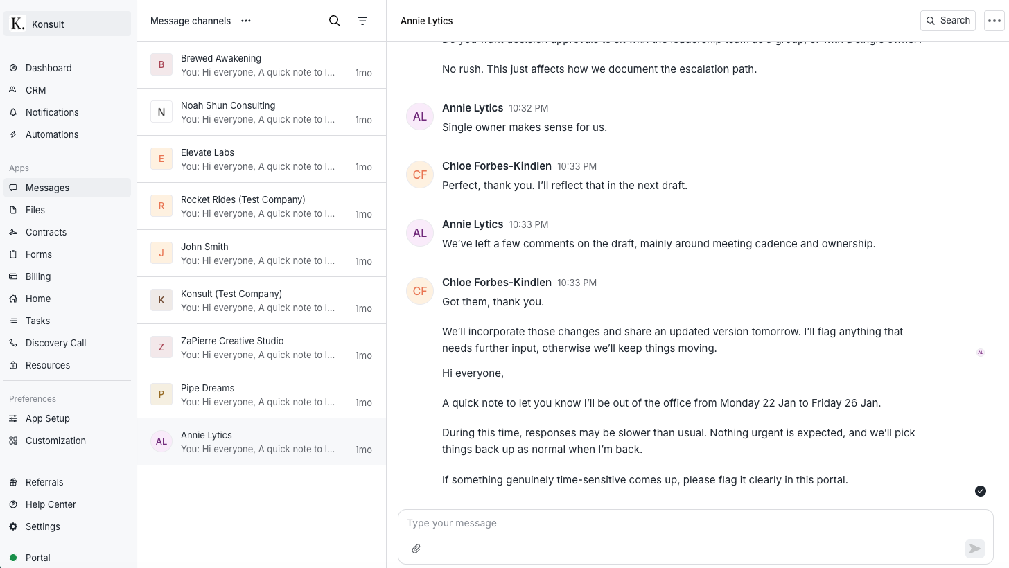 Assembly Messages screen showing a list of client message channels on the left and a conversation thread on the right with a reply box.