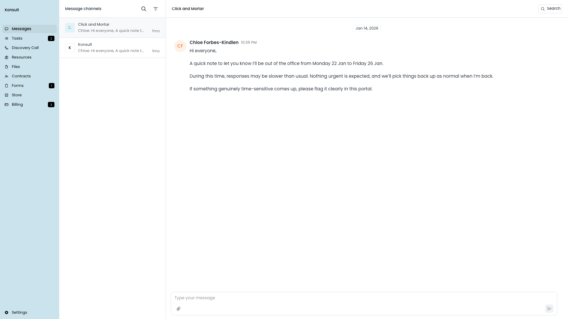 Screenshot of an Assembly client portal message view, with a left sidebar listing Messages, Tasks, Discovery Call, Resources, Files, Contracts, Forms, and Billing.