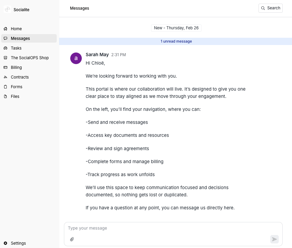 Assembly client portal showing a Messages page with a conversation thread and a reply box, plus a left sidebar for navigation.