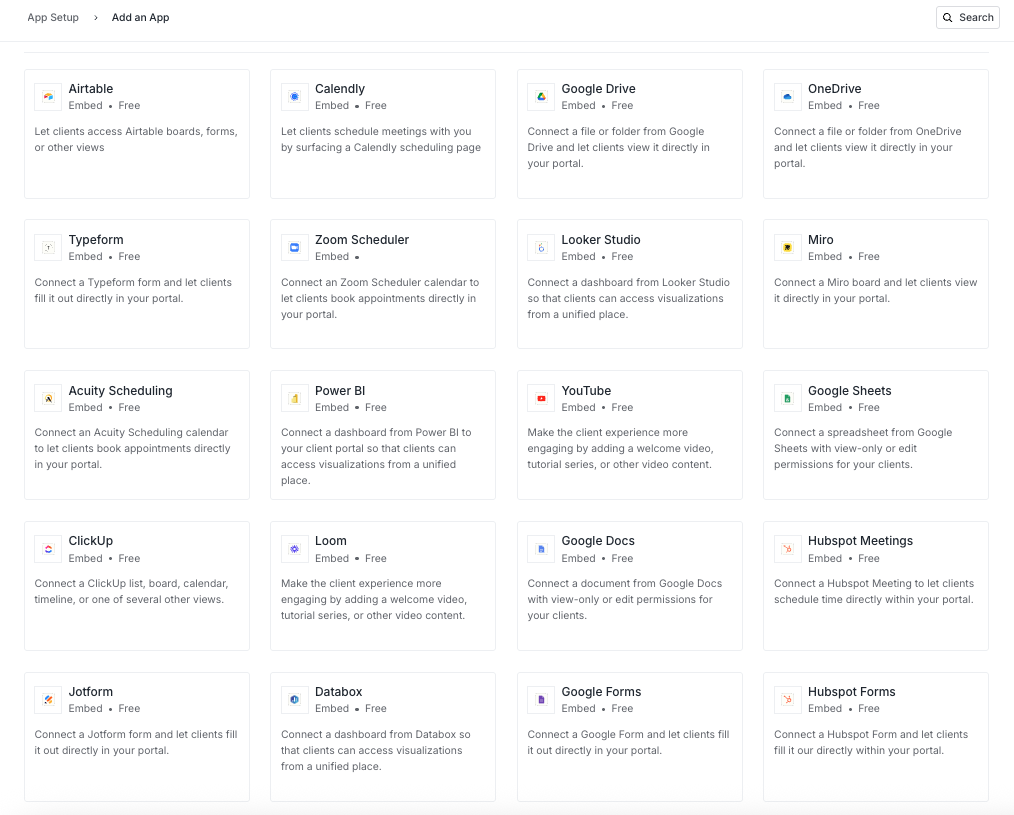 Assembly “Add an App” screen showing embed options such as Airtable, Calendly, Google Drive, OneDrive, Typeform, Zoom Scheduler, Miro, and Google Sheets.