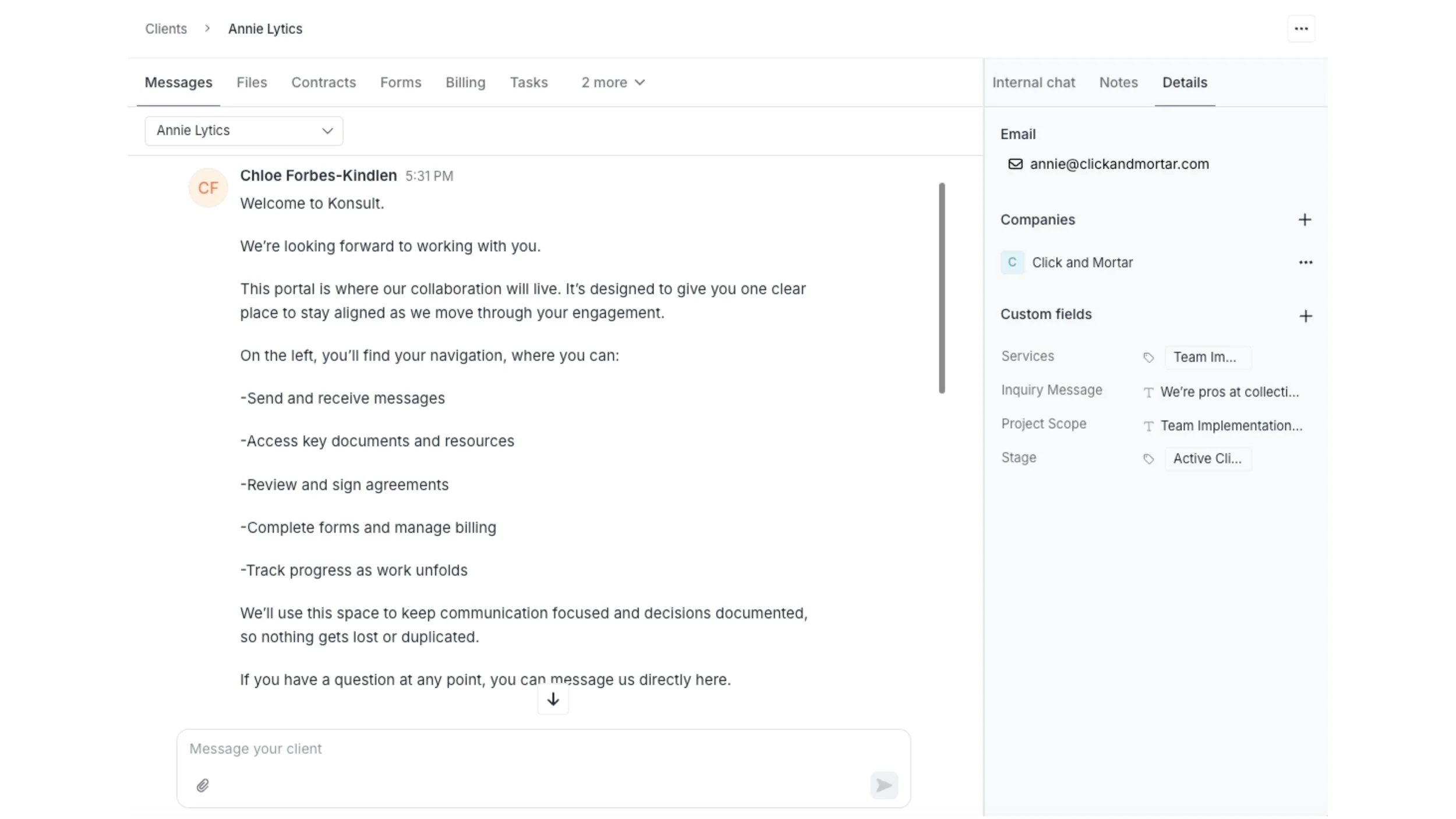 Assembly client view showing a message thread on the left and a client details panel on the right with email, company, custom fields, and project stage.