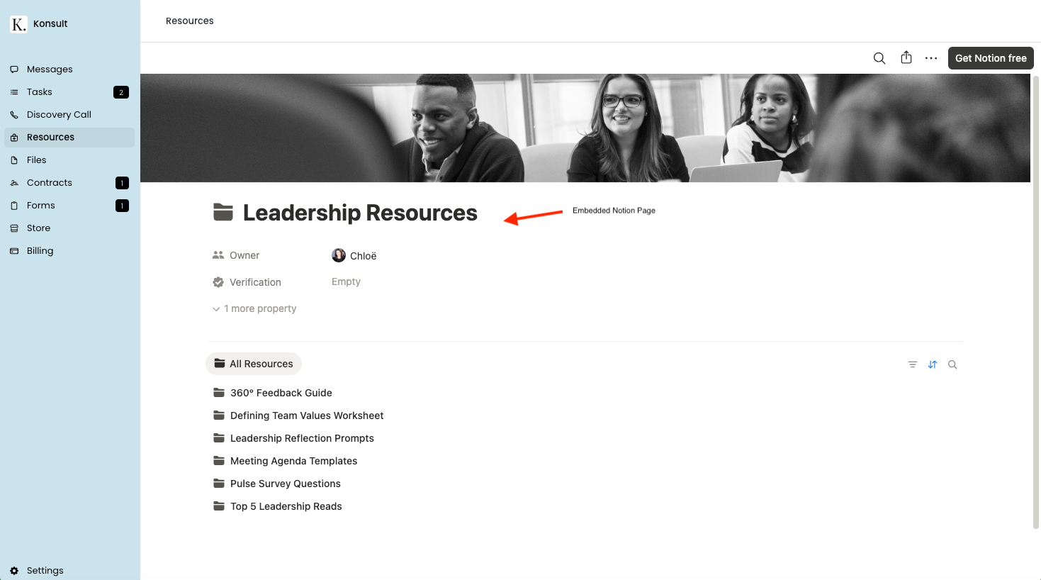 Assembly Resources page showing an embedded Notion page titled “Leadership Resources”, with a red arrow pointing to the embed label.