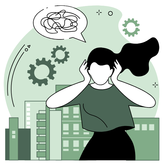 A person with their hands over the ears with a speech bubble that shows a squiggly line