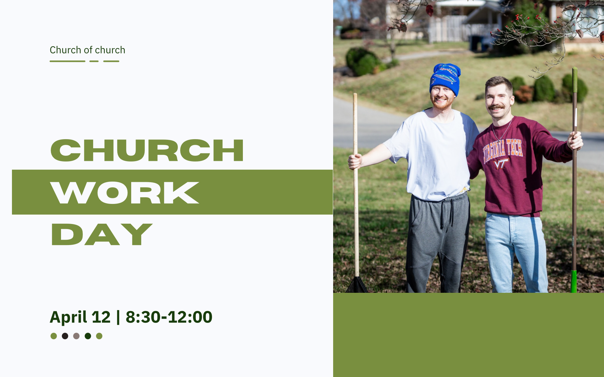 Flyer for church workday event featuring two young men holding yard tools outdoors, with event details including date and time.