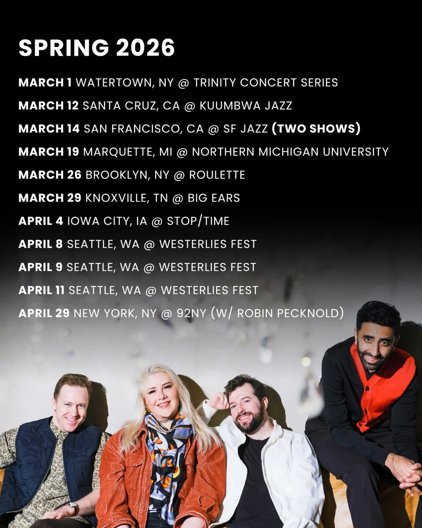 Currently flying over Lake Michigan getting ready to kick off a string of spring shows with @westerliesmusic. Some places old and new. See you out there!

📷: @weirdhours