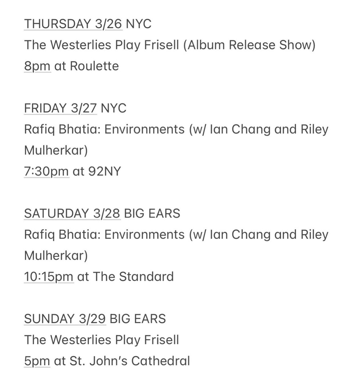 Big run of shows coming up in NYC and at @bigearsfestival, jumping back and forth between @westerliesmusic and @rafiqbhatia. Back to back to back to back!