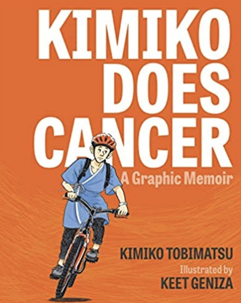 The cover of the book with an organge background and Kimiko on a bike wearing a hospital gown and a helmet.