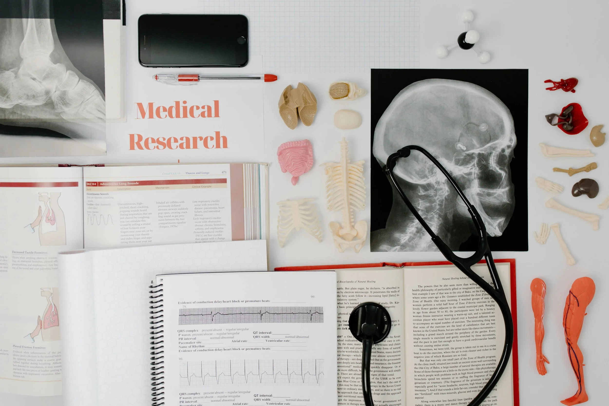 Materiales y objetos relacionados con investigación médica, incluyendo radiografía de cráneo, estetoscopio, modelos anatómicos, libros de investigación, pluma, hojas con notas, y otros equipos médicos.