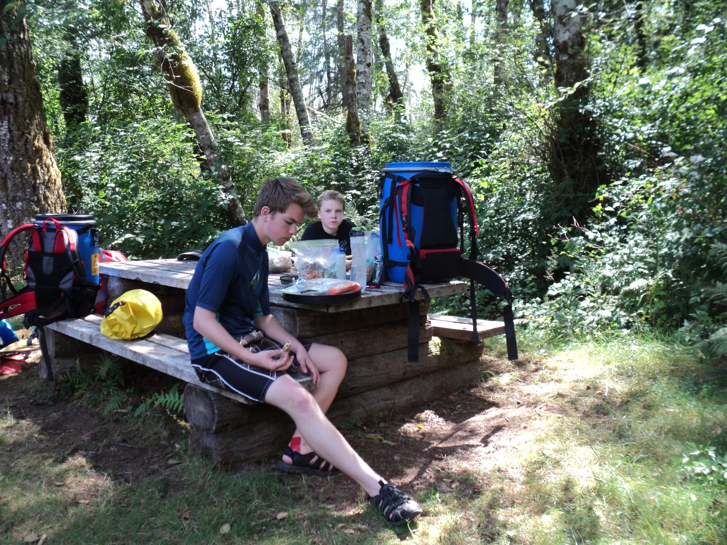 Lunch stop at picnic table along portage.