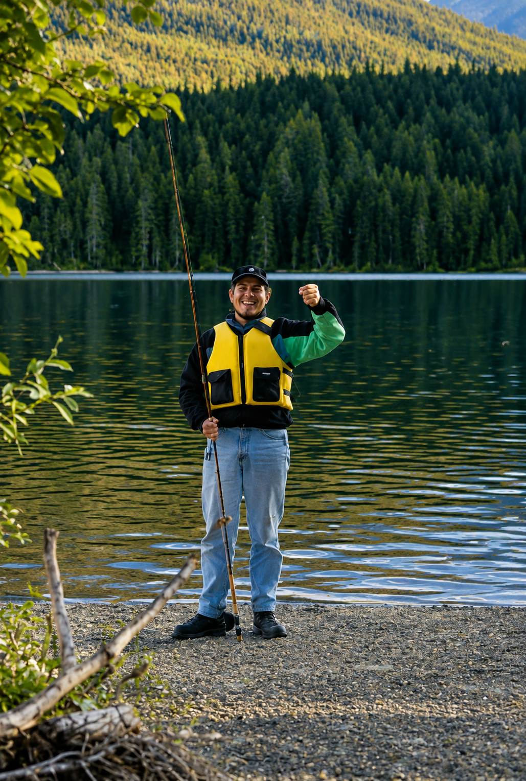 A man holding a fishing rod upright with a petend fish hanging from his other hand