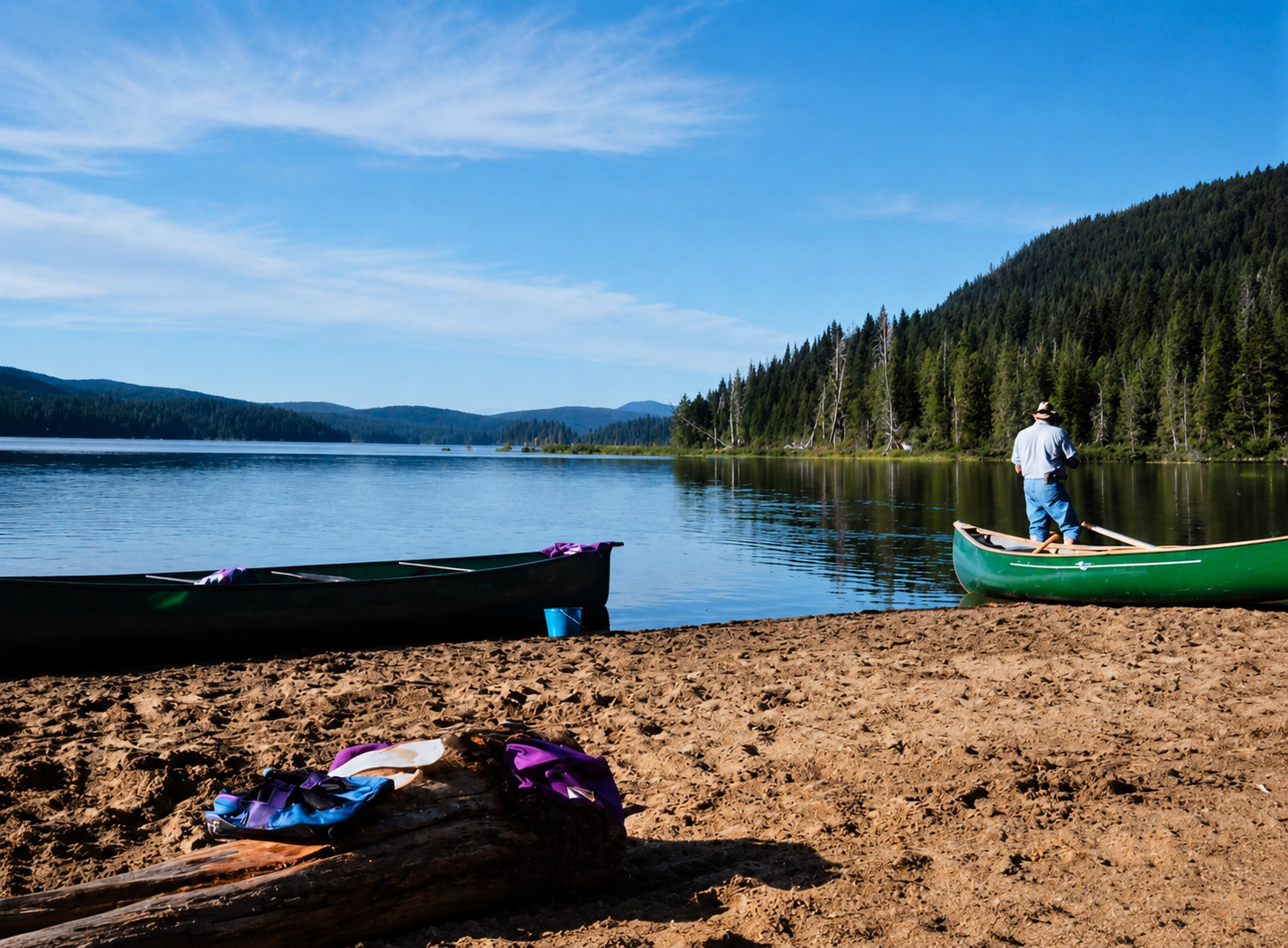 A man and resting canoes on the edge of Brewster Lake in Sayward