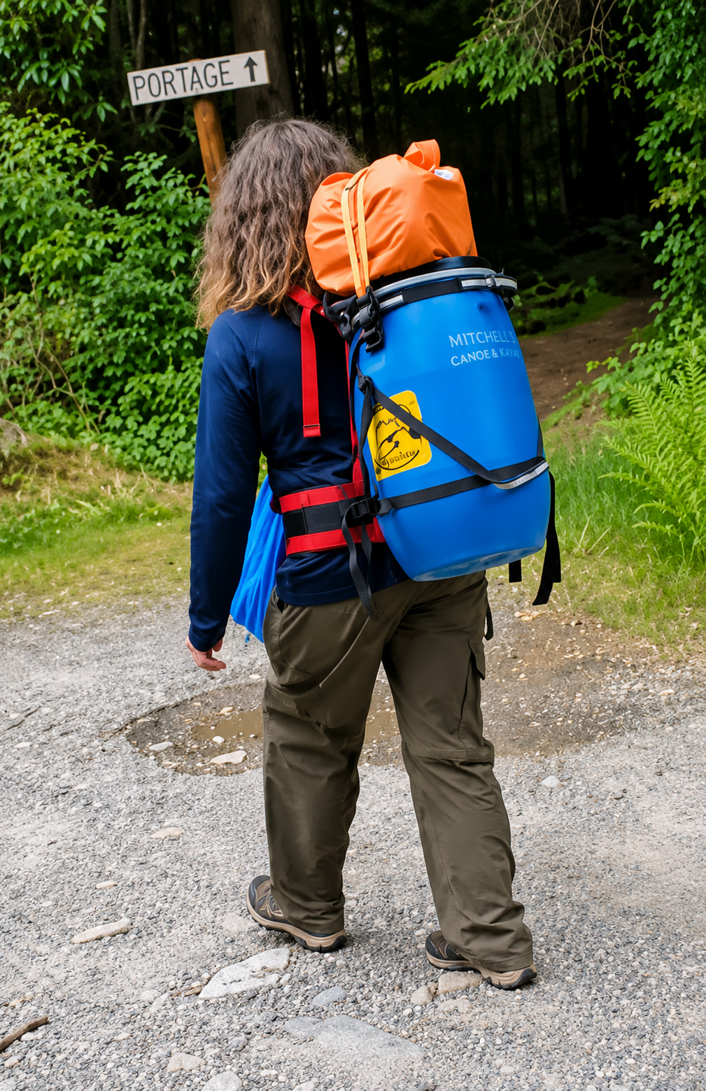 A boy backpacking a canoe barrel