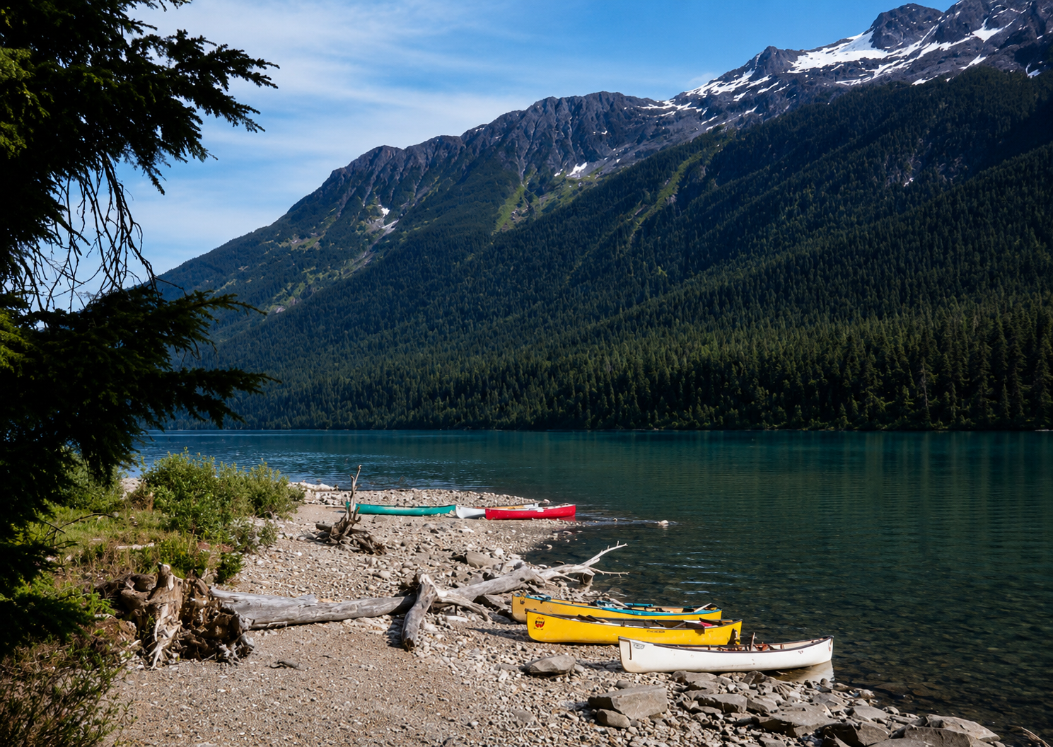 Canoes resting at the shoreline of Lanezi Lake on the Bowron Lake Circuit