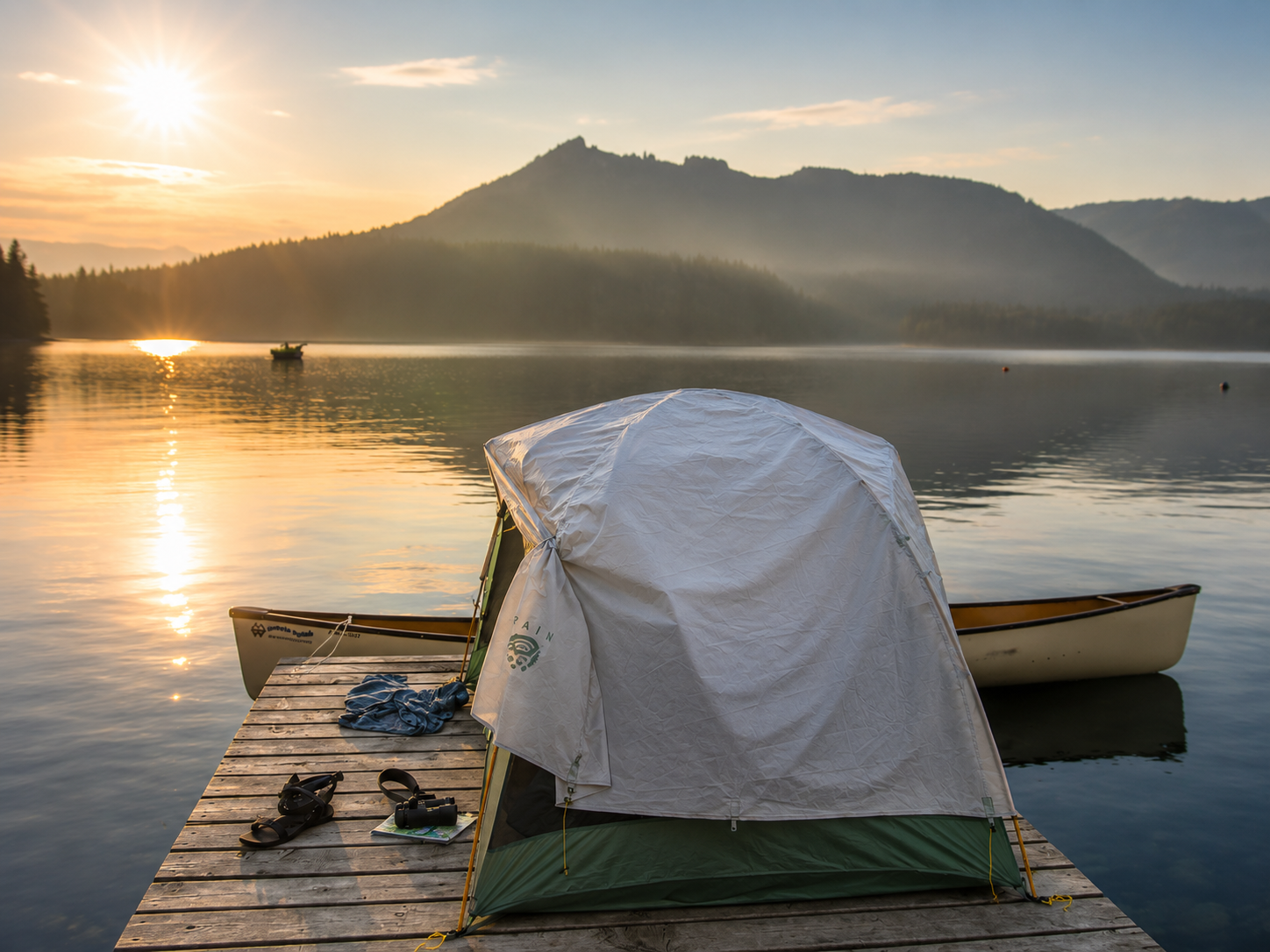 A pitched tent at docks end, with floating canoe in lake