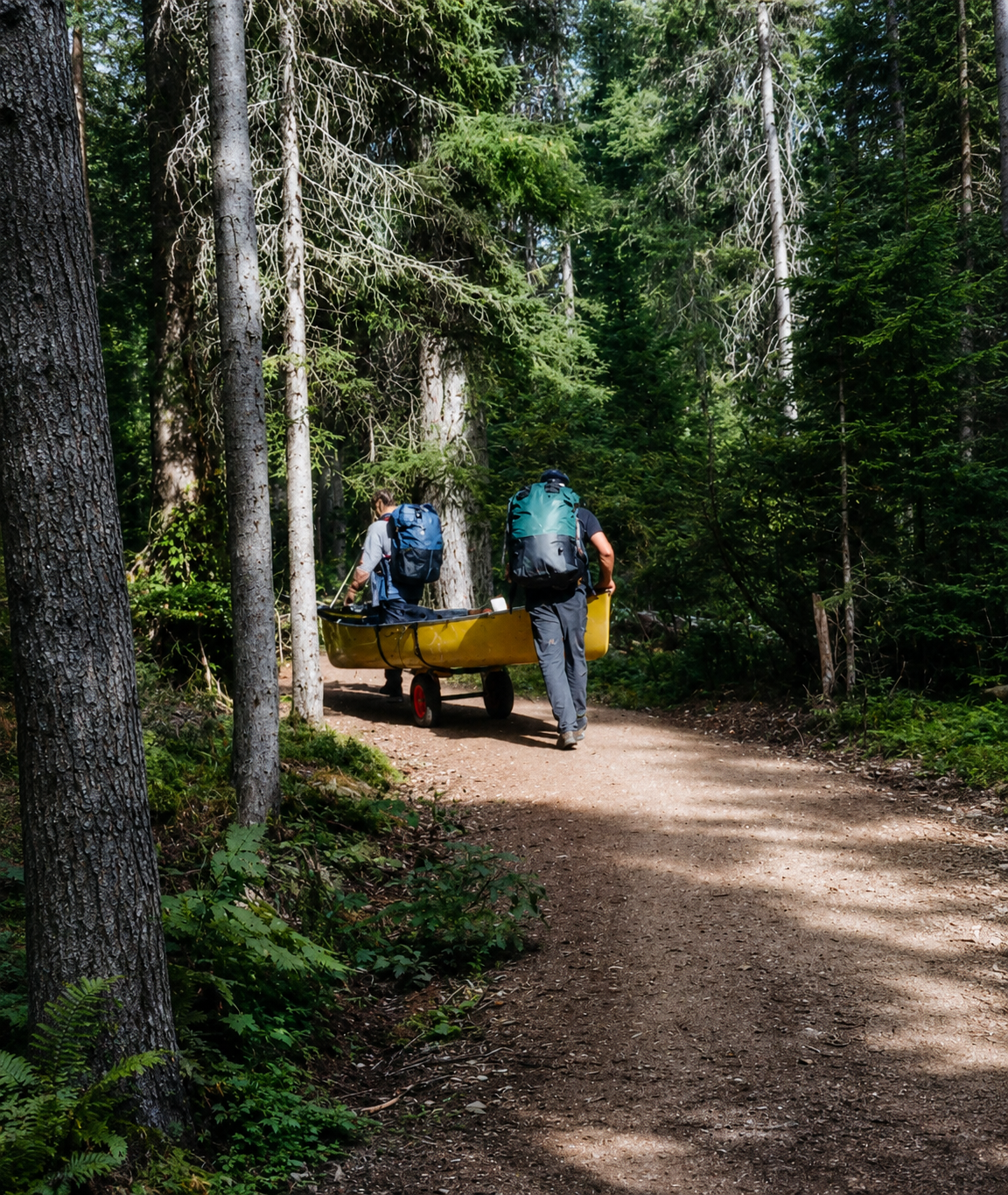 Two people with backpacks on cart portaging a canoe on Bowron Lakes