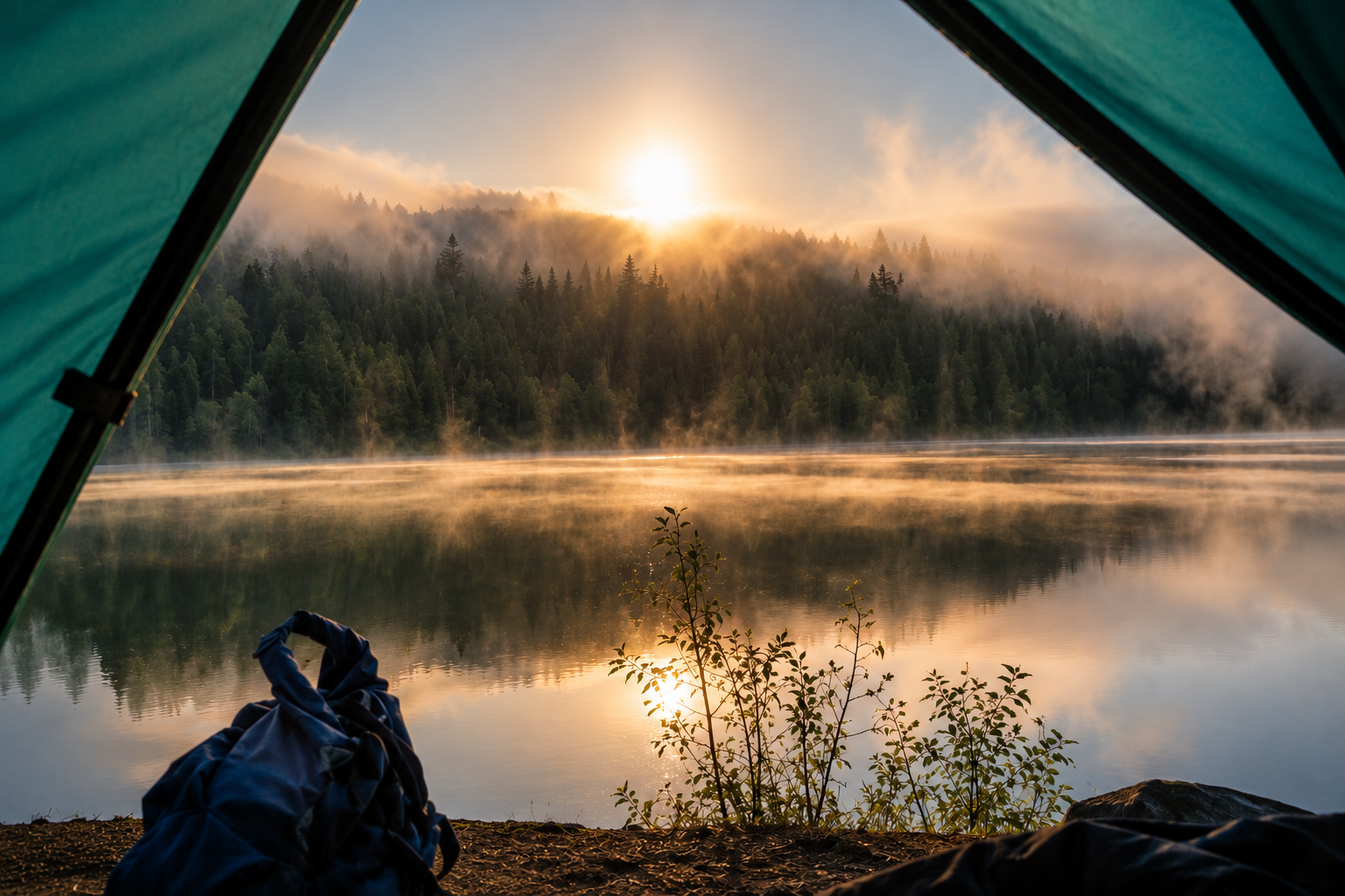A misty morning lake view through the tent opening.