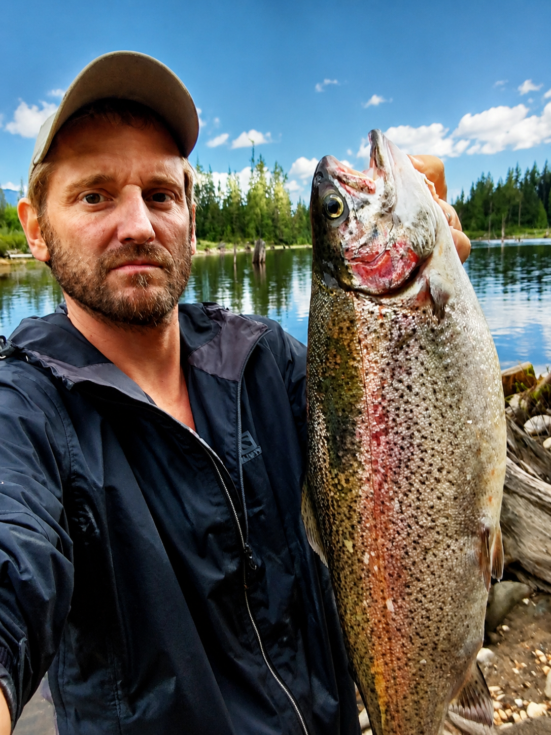 A man holding a healthy Rainbow Trout from Lois Lake on the qathet Canoe Route